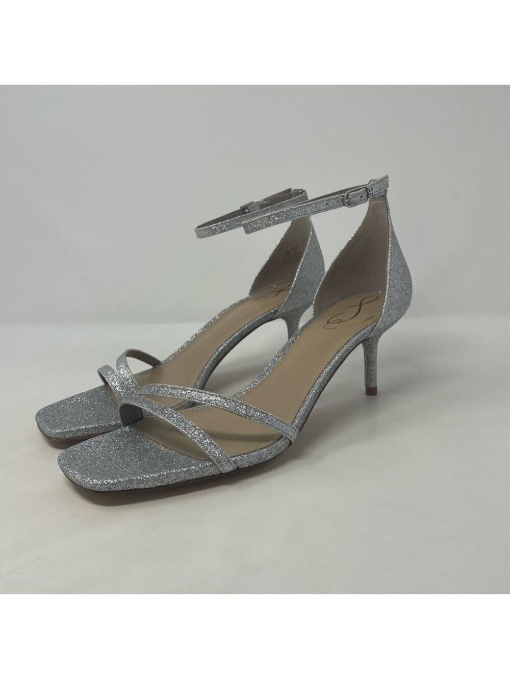 NIB Sam Edelman Peonie Ankle Strap Leather Kitten Heel Sandals in Silver Glitter - Picture 10 of 13